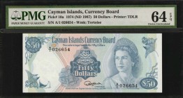 CAYMAN ISLANDS. Currency Board. 50 Dollars, 1974 (ND 1987). P-10a. PMG Choice Uncirculated 64 EPQ.
Printed by TDLR. Watermark of tortoise. Nearly Gem...