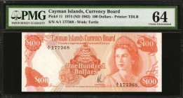 CAYMAN ISLANDS. Currency Board. 100 Dollars, 1974 (ND 1982). P-11. PMG Choice Uncirculated 64.
Printed by TDLR. Watermark of a turtle at left. Seen i...