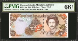 CAYMAN ISLANDS. Monetary Authority. 25 Dollars, 2006. P-36a. PMG Gem Uncirculated 66 EPQ.
Queen Elizabeth II; signature title "Financial Secretary an...