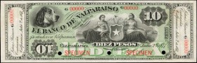 CHILE. Banco de Valparaiso. 10 Pesos, 1877. P-S489s. Specimen. About Uncirculated.
SPECIMEN overprints, serial numbers, and punch cancels. Attached c...