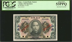 CHINA--REPUBLIC. Central Bank, Swatow. 1 Dollar, 1923. P-171Afs. Specimen. PCGS Currency 53 PPQ. Hole Punch Cancelled.
Red specimen overprints and ho...