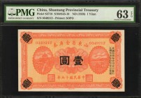 CHINA--PROVINCIAL BANKS. Shantung Provincial Treasury. 1 Yuan, ND (1926). P-S2718. PMG Choice Uncirculated 63 EPQ.
(S/M#S43-10) Printed by SOPO. Full...