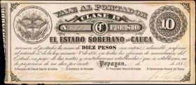 COLOMBIA. El Estado Soberano del Cauca. 10 Pesos, 1882. P-S143a. About Uncirculated.
Lightly penned signatures and date are found on this Colombian 1...