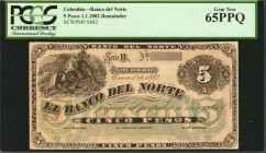 COLOMBIA. Banco del Norte. 5 Pesos, 1882. P-S682. Remainder. PCGS Currency Gem New 65 PPQ.
A remainder of a 5 Pesos note. In an appealing Gem grade. ...