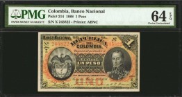 COLOMBIA. Banco Nacional de la Republica de Columbia. 1 Peso, 1888. P-214. PMG Choice Uncirculated 64 EPQ.
A pleasing nearly Gem example of this 1 Pe...