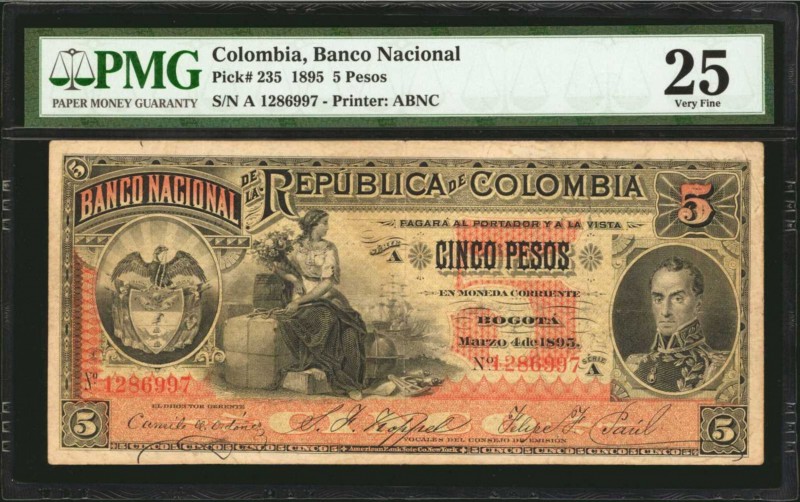 COLOMBIA. Banco Nacional de la Republica de Columbia. 5 Pesos, 1895. P-235. PMG ...