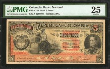 COLOMBIA. Banco Nacional de la Republica de Columbia. 5 Pesos, 1895. P-235. PMG Very Fine 25.
Printed by ABNC. Simon Bolivar at right. Arms at left. ...