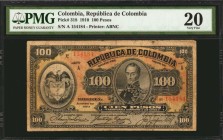 COLOMBIA. Republica de Colombia. 100 Pesos, 1910. P-318. PMG Very Fine 20.
A scarce high denomination note, which is seen with seal at left and portr...