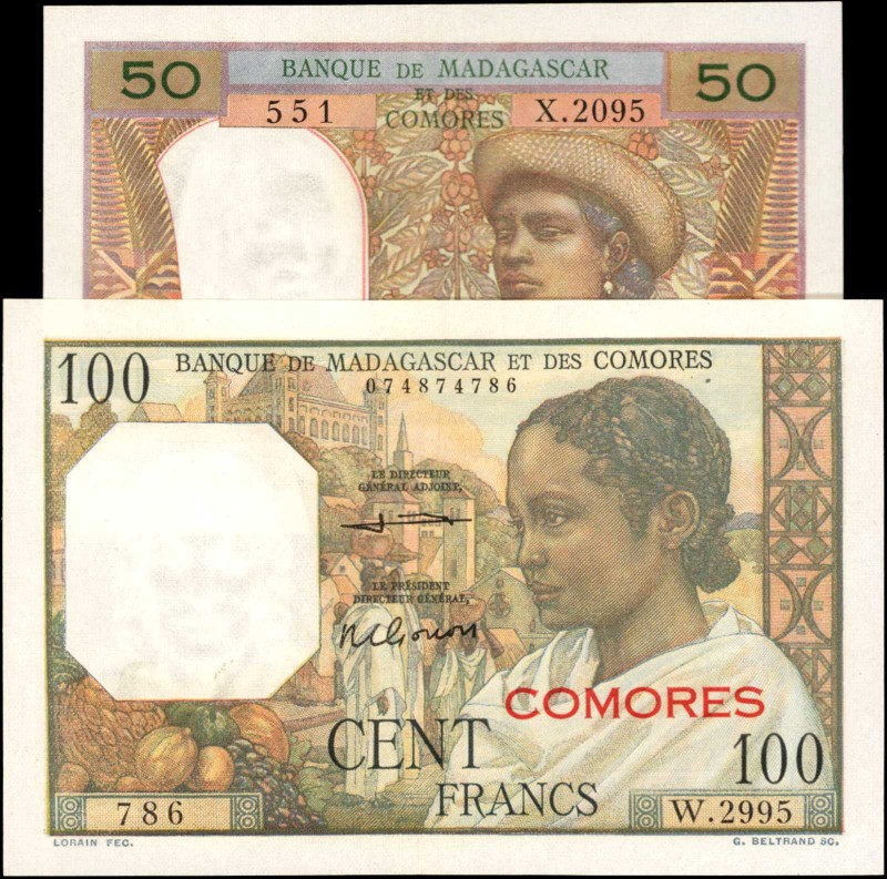 COMOROS. Banque de Madagascar et des Comores. 50 & 100 Francs, 1960-63. P-2b & 3...
