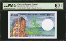 COMOROS. Banque Centrale. 2500 Francs, ND (1997). P-13. PMG Superb Gem Uncirculated 67 EPQ.
Watermark of four stars and crescent. A high denomination...