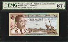 CONGO DEMOCRATIC REPUBLIC. Banque Nationale du Congo. 100 Francs, 1961-64. P-6a. PMG Superb Gem Uncirculated 67 EPQ.
Printed by TDLR. A lovely Gem hi...
