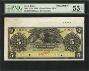 COSTA RICA. Banco de Costa Rica. 5 Pesos, 1899. P-S163s. Specimen. PMG About Uncirculated 55 EPQ.
Printed by ABNC. Seen with plenty of selvage at top...