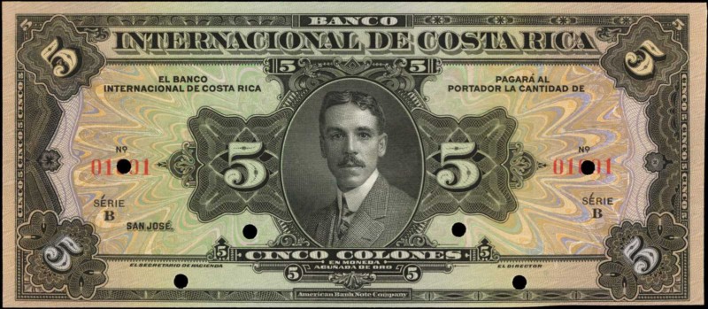 COSTA RICA. Banco Internacional de Costa Rica. 5 Colones, 1916. P-168s. Specimen...