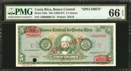 COSTA RICA. Banco Central. 5 Colones, ND (1963-67). P-228s. Specimen. PMG Gem Uncirculated 66 EPQ.
Printed by TDLR. Specimen. Ruby red SPECIMEN overp...