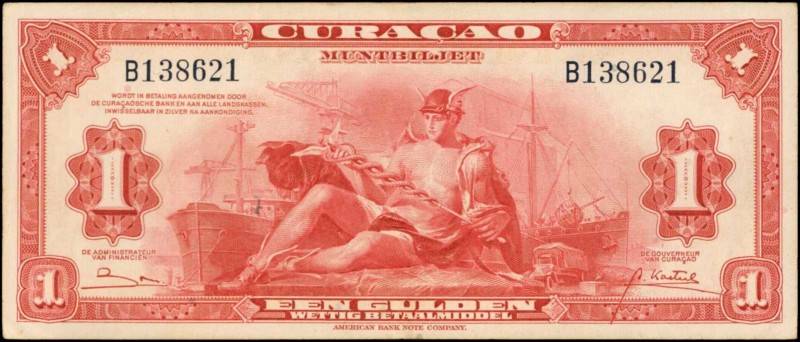 CURACAO. Curacao Muntbiljet. 1 Gulden, 1947. P-35b. Very Fine.
Allegorical man ...