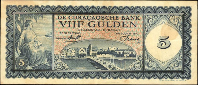 CURACAO. De Curacaosche Bank. 5 Gulden, 1960. P-51. Very Fine.
Allegorical fema...