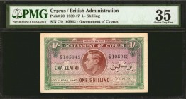 CYPRUS. Government of Cyprus. 1 Shilling, 1947. P-20. PMG Choice Very Fine 35.
A pleasing mid-grade example of this 1 Shilling note, seen with an att...