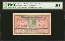CYPRUS. Government of Cyprus. 2 Shillings, 1947. P-21. PMG Very Fine 20.
Government of Cyprus issued 2 Shillings note. Found with mostly even circula...