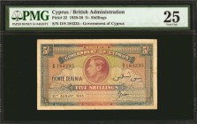 CYPRUS. Government of Cyprus. 5 Shillings, 1945. P-22. PMG Very Fine 25.
Mostly even circulation is found on this Government of Cyprus 5 Shillings no...