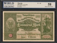 DANZIG. Verwaltung der Stadtgemeinde Danzig. 1000 Mark, 1923. P-16. WBG Choice About Uncirculated 58.
Scarce Danzig second type with arms and on righ...
