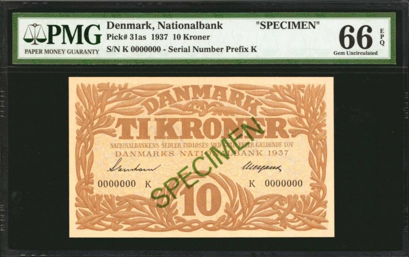 DENMARK. Nationalbank of Denmark. 10 Kroner, 1937. P-31as. Specimen. PMG Gem Unc...