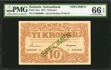 DENMARK. Nationalbank of Denmark. 10 Kroner, 1937. P-31as. Specimen. PMG Gem Uncirculated 66 EPQ.
SPECIMEN stamped in green on face and back; serial ...