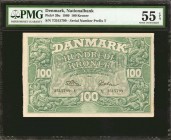 DENMARK. Nationalbank of Denmark. 100 Kroner, 1960. P-39u. PMG About Uncirculated 55 EPQ.
Serial number prefix T. Original paper is found on this lar...