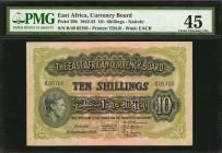 EAST AFRICA. East African Currency Board. 10 Shillings, 1950. P-29b. PMG Choice Extremely Fine 45.
Printed by TDLR. Watermark of EACB. Nairobi.
Esti...