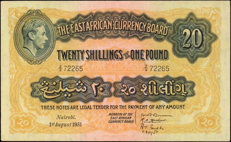 EAST AFRICA. East African Currency Board. 20 Shillings, 1951. P-30b. Very Fine....