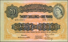 EAST AFRICA. East African Currency Board. 20 Shillings, 1955. P-35. Uncirculated.
A highly popular Queen Elizabeth II series with the basic styling s...