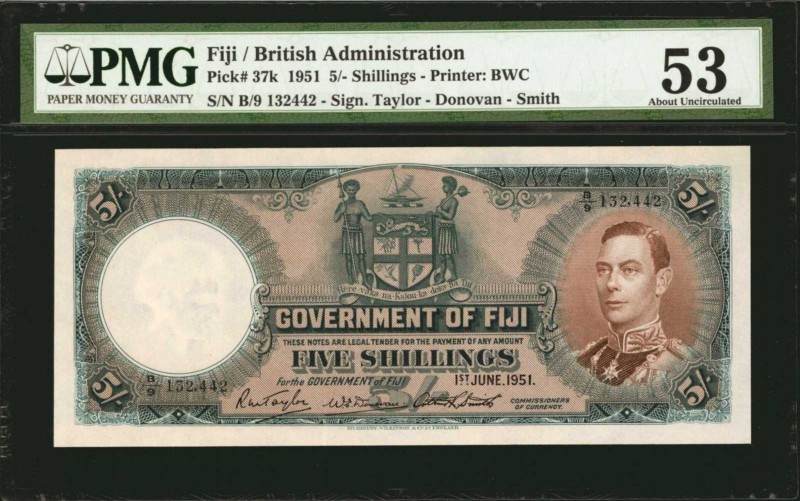 FIJI. British Administration. 5 Shillings, 1951. P-37k. PMG About Uncirculated 5...