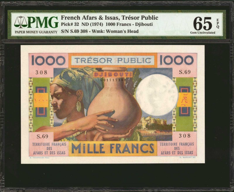 FRENCH AFARS & ISSAS. Tresor Public. 1000 Francs, ND (1974). P-32. PMG Gem Uncir...