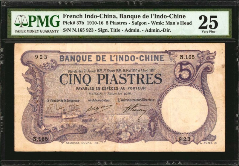 FRENCH INDO-CHINA. Banque de L'Indo-Chine. 5 Piastres, 1910-16. P-37b. PMG Very ...