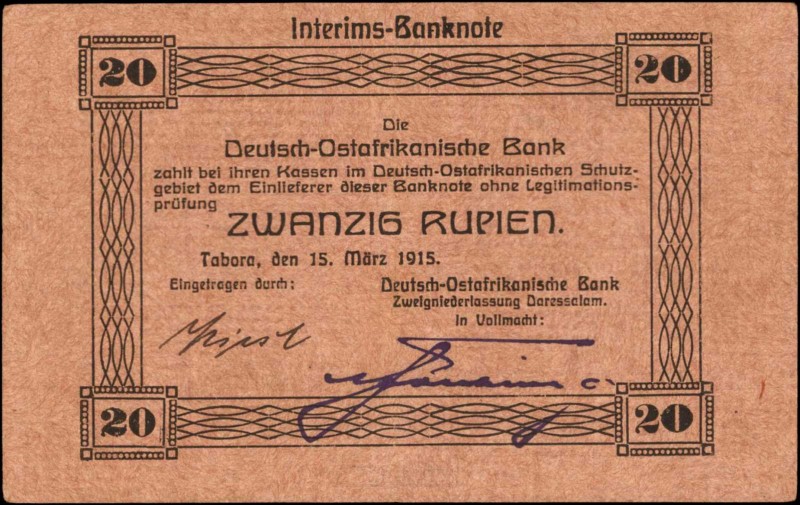 GERMAN EAST AFRICA. Deutsch-Ostafrikanische Bank. 20 Rupien, 1915. P-45a. About ...