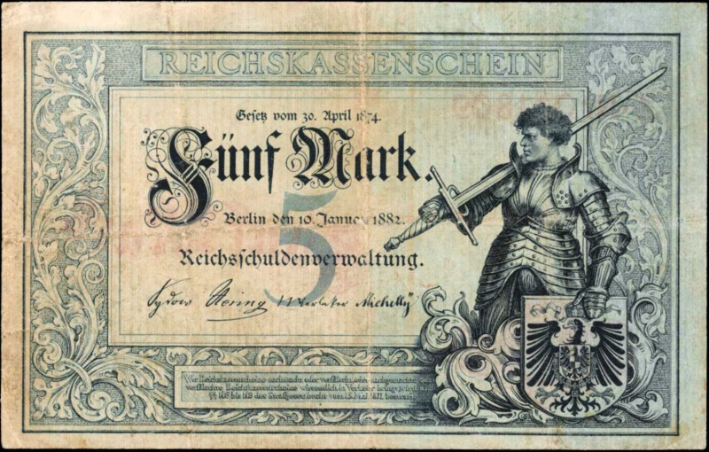 GERMANY. Reichsschuldenverwaltung. 5 Mark, 1882. P-4. Very Fine.
Tough early Ge...