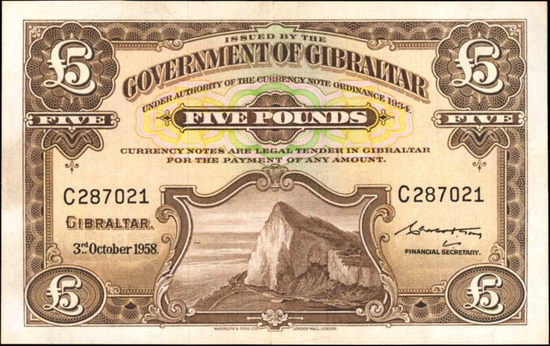 GIBRALTAR. Government of Gibraltar. 5 Pounds, 1958. P-16c. About Uncirculated.
...