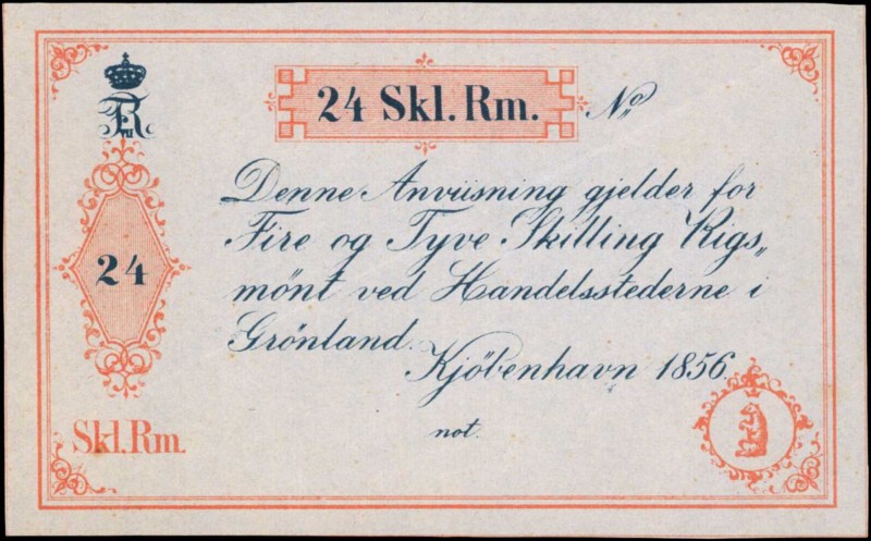 GREENLAND. Handelsstederne i Grønland. 24 Skl. Rm., 1856. P-A35r. Remainder. Abo...