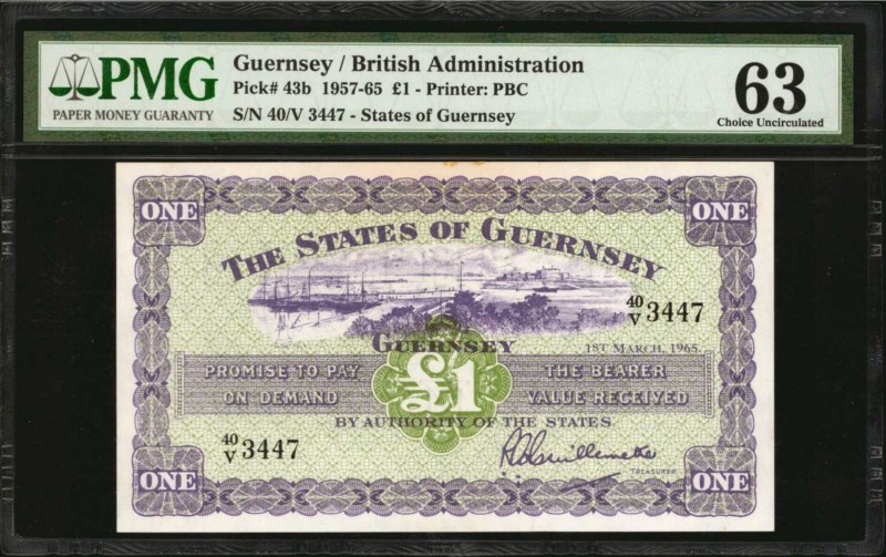 GUERNSEY. British Administration. 1 Pound, 1957-65. P-43b. PMG Choice Uncirculat...