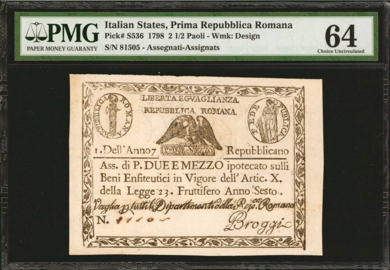 ITALIAN STATES. Prima Repubblica Romana. 2 1/2 Paoli, 1798. P-S536. PMG Choice U...