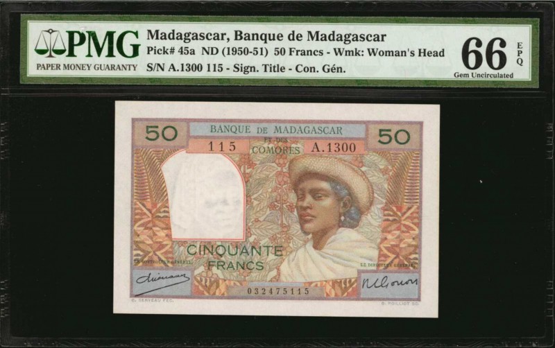 MADAGASCAR. Banque de Madagascar. 50 Francs, ND (1950-51). P-45a. PMG Gem Uncirc...