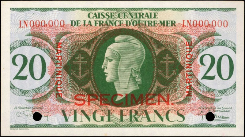 MARTINIQUE. Caisse Centrale de la France D'Outre-Mer. 20 Francs, 1944. P-24s. Sp...