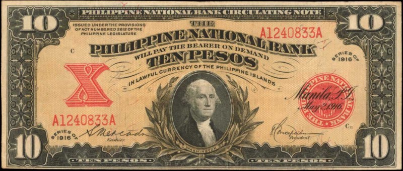 PHILIPPINES. National Bank. 10 Pesos, 1916. P-47b. Very Fine.
George Washington...