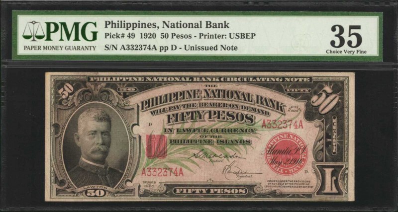 PHILIPPINES. National Bank. 50 Pesos, 1920. P-49. PMG Choice Very Fine 35.
Prin...