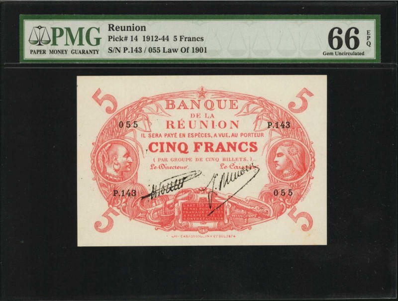 REUNION. Banque de la Reunion. 5 Francs, 1912-44. P-14. PMG Gem Uncirculated 66 ...