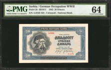 SERBIA. National Bank. 20 Dinara, 1942. P-28. German Occupation WWII. PMG Choice Uncirculated 64.
Unissued. Nearly Gem in grade. Seen with dark blue ...