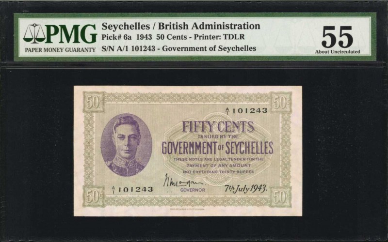 SEYCHELLES. British Administration. 50 Cents, 1943. P-6a. PMG About Uncirculated...