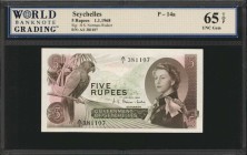 SEYCHELLES. Government of Seychelles. 5 Rupees, 1968. P-14a. WBG Gem Uncirculated 65 TOP.
Queen Elizabeth II. Prefix A/1; signature H.S. Norman/Walke...