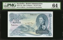 SEYCHELLES. British Administration. 10 Rupees, 1968. P-15a. PMG Choice Uncirculated 64.
Queen Elizabeth II; letters spelling "SCUM" at bottom left. F...