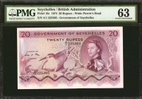 SEYCHELLES. Government of Seychelles. 20 Rupees, 1974. P-16c. PMG Choice Uncirculated 63.
A tougher to locate and more desirable QEII note, which is ...