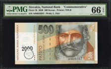 SLOVAKIA. National Bank. 500 Korum, 2000. P-38. Commemorative. PMG Gem Uncirculated 66 EPQ.
Printed by TDLR. Watermark of L. Stur. Seen with fully or...